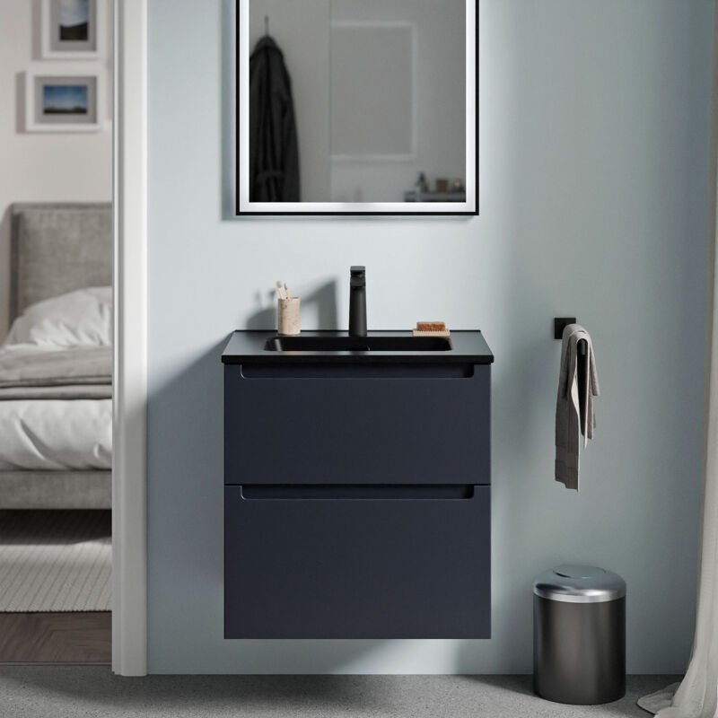 Waschtischunterschrank Bernstein vireo 60cm mit Waschbecken Schwarz Badmöbel: Mitternachtsblau matt