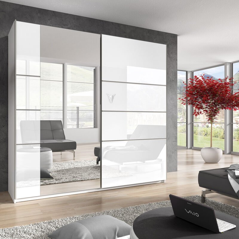 Kleiderschrank mit Spiegel BIRMINGHAM-83 in weiß mit Front in weiß Hochglanz, b/h/t: ca. 221/210/61 cm