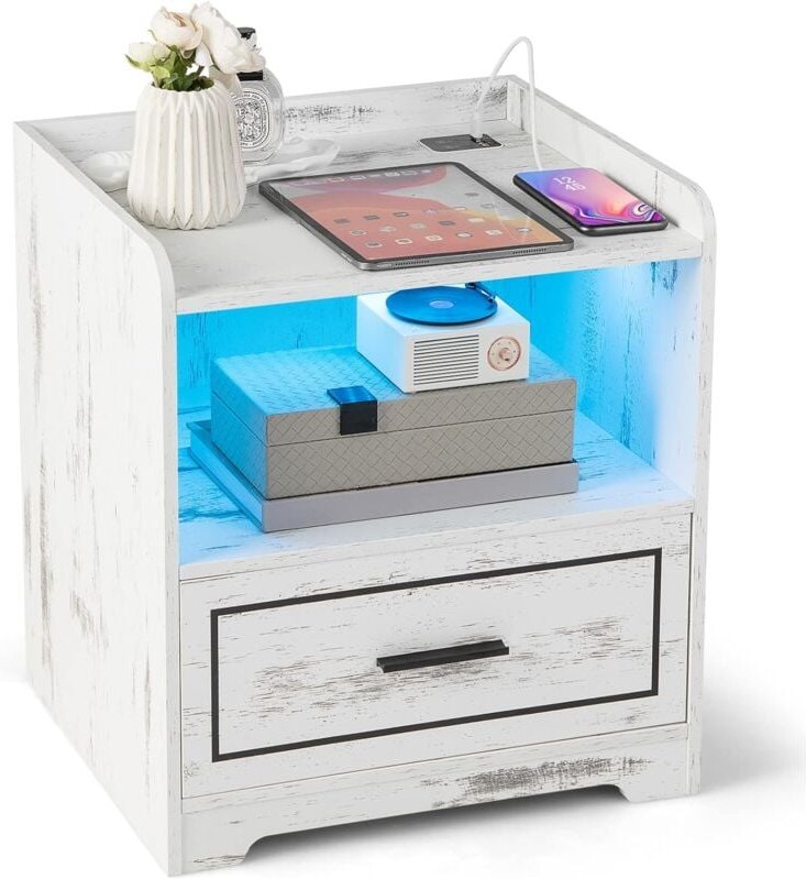 Nachttisch mit led Licht, USB-Anschluss und Typ-C-Ladestation, Nachtschrank mit Bewegungssensor, Beistelltisch mit offen...