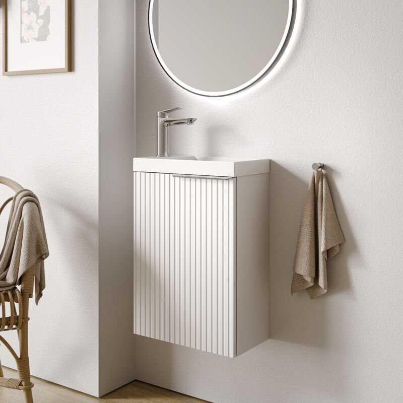 Waschtischunterschrank Bernstein tim 40 cm mit Waschbecken Badmöbel: Weiß matt profiliert, Metallgriff: Chrom