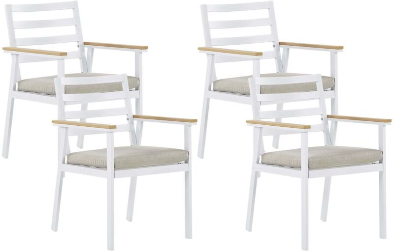 Beliani - Gartenstuhl Set 4er Set Weiß Alumunium mit beigen Sitzkissen Outdoor Indoor Garten Salon Wohnzimmer Terrasse