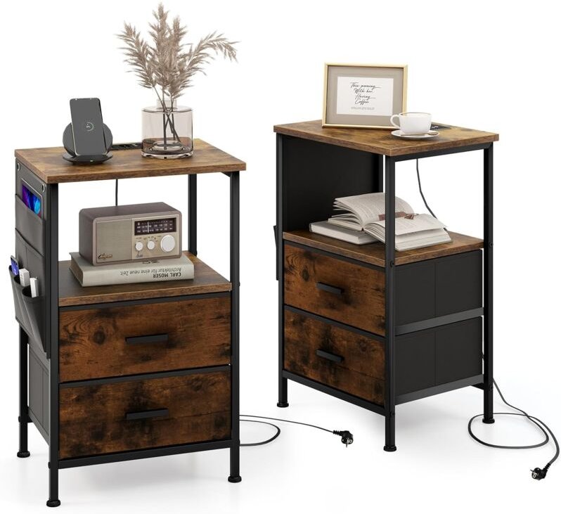 COSTWAY 2er Set Nachttisch mit Ladestation, Beistelltisch industriell mit 2 Schubladen & 6 Seitentaschen, Nachtschrank m...