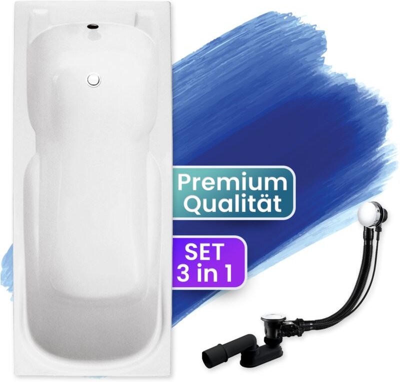 Badland - Badewanne Rechteck 160x70, Ablaufgarnitur & Füßen gratis - Komplettset 3in1 Original Acryl Wanne Premium Sipho...