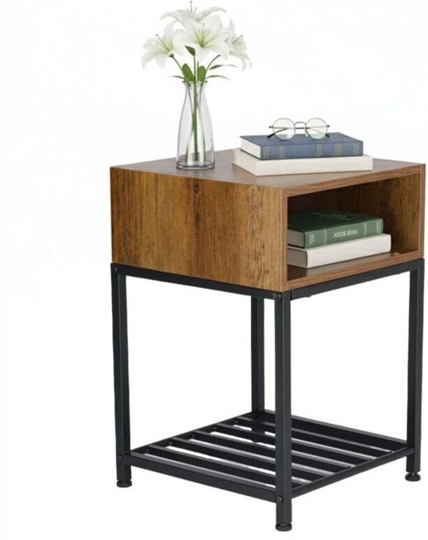 Industrieller Nachttisch mit offenem Fach und Gitterablage