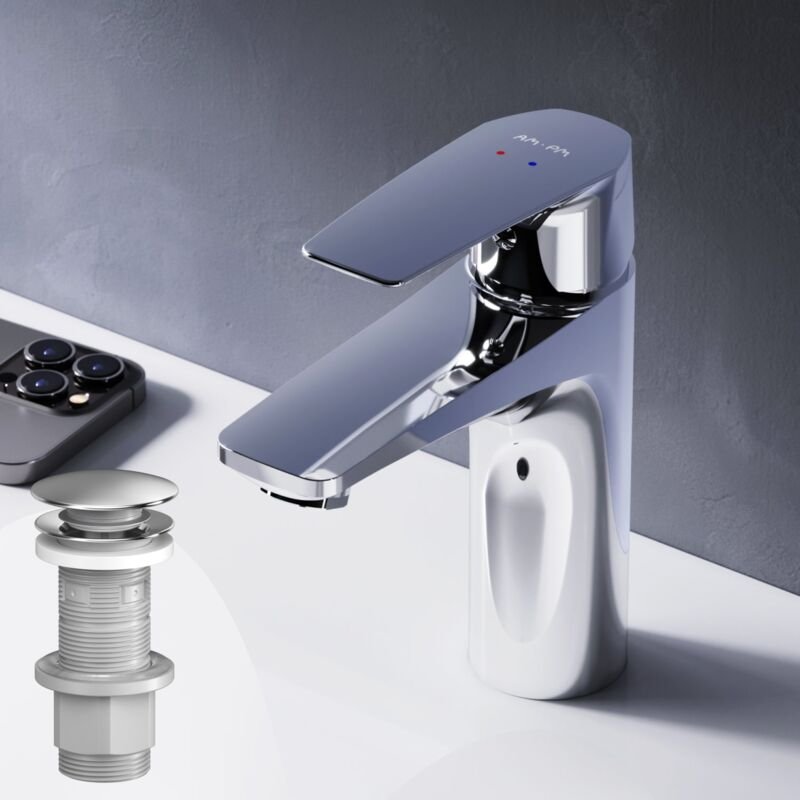 Badarmatur mit Pop-Up Ablaufventil für Waschbecken Wasserhahn Bad Chrom Waschtischarmatur mit Ablaufgarnitur 1 1/4 Zoll ...