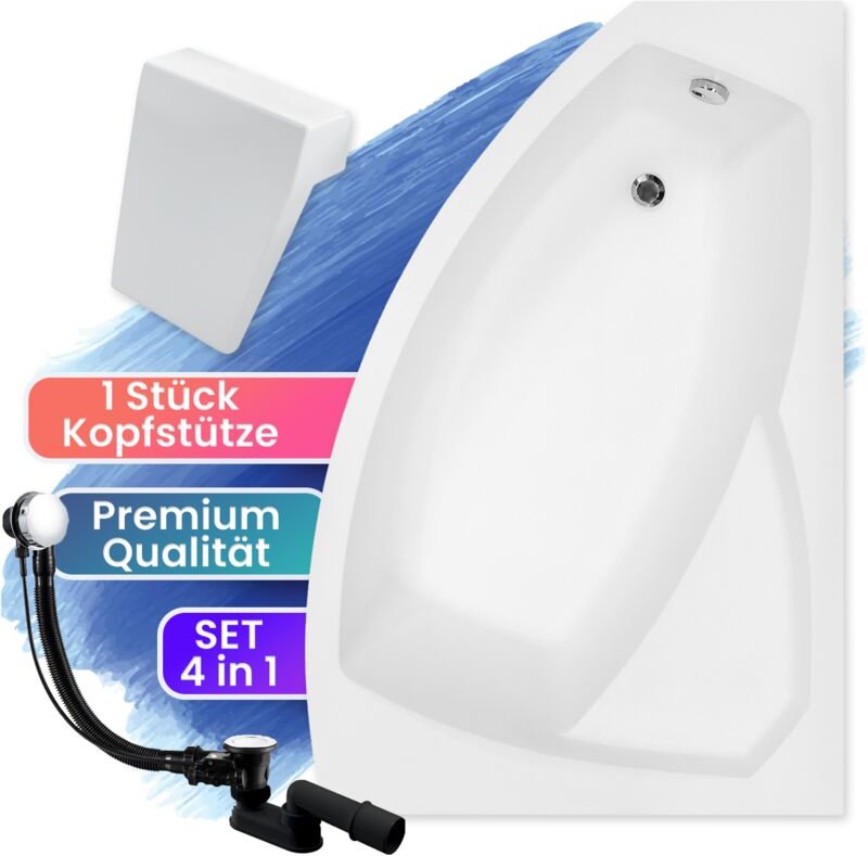 Badland - Badewanne Eckbadewanne 160x100 Rechts + Kopfstütze, Ablaufgarnitur & Füßen gratis - Komplettset 4in1 - Made in...
