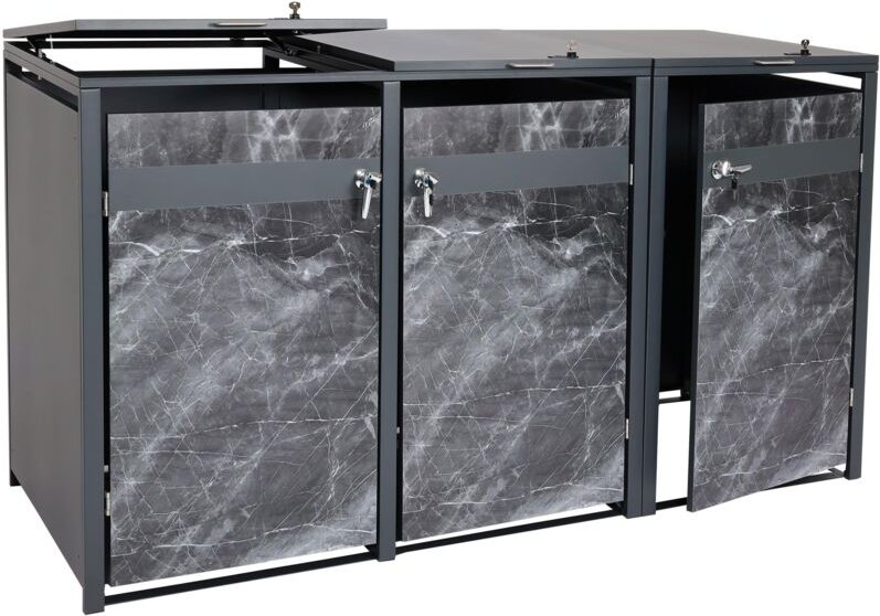 3er Mülltonnenverkleidung HHG 358, Mülltonnenbox, erweiterbar, Metall 80kg, anthrazit Marmor-Optik dunkel