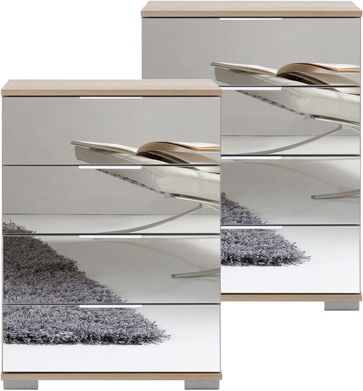 Schlafzimmer Nachttisch 2er Set, auch für Boxspringbett geeignet, in Eiche sägerau Nb. mit Spiegelfront ELSTRA-43, b/h/t...