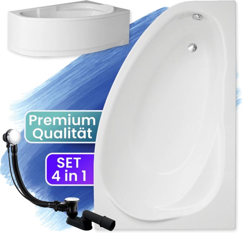 Thumbnail - Badland - Badewanne Eckbadewanne 160x100 Rechts mit AcrylSchürze, Ablaufgarnitur & Füßen gratis - Komplettset 4in1 Origi...