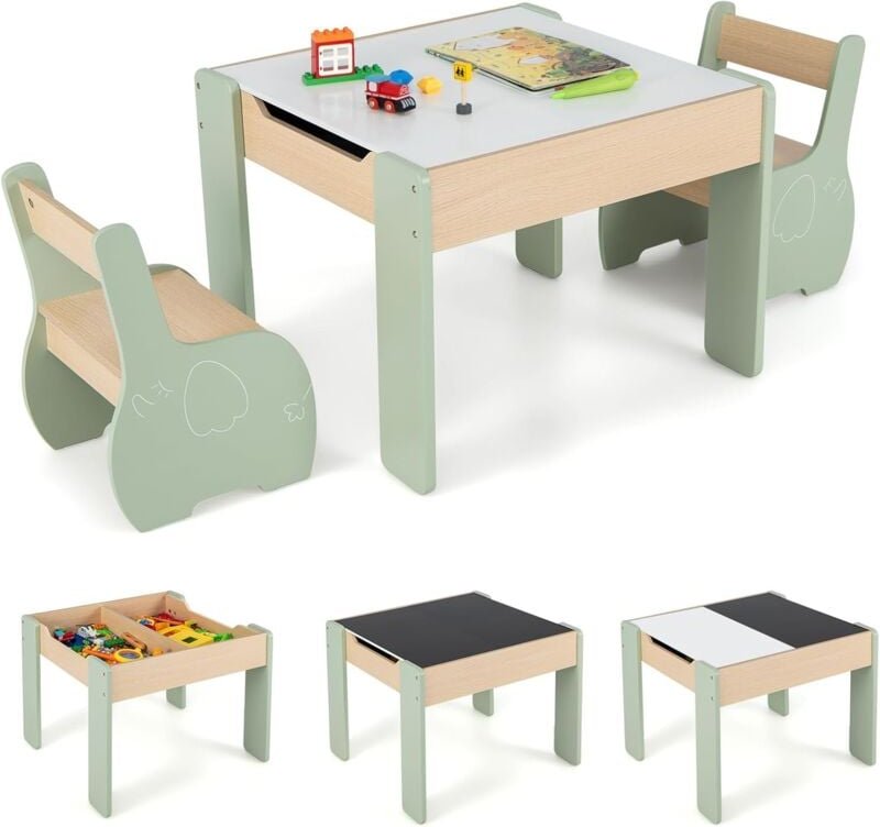 Costway - 3tlg. Kindersitzgruppe aus Holz, 4-in-1-Kindertisch mit 2 Stühlen & Abnehmbarer Tafel, Kindermöbel-Set mit Sta...