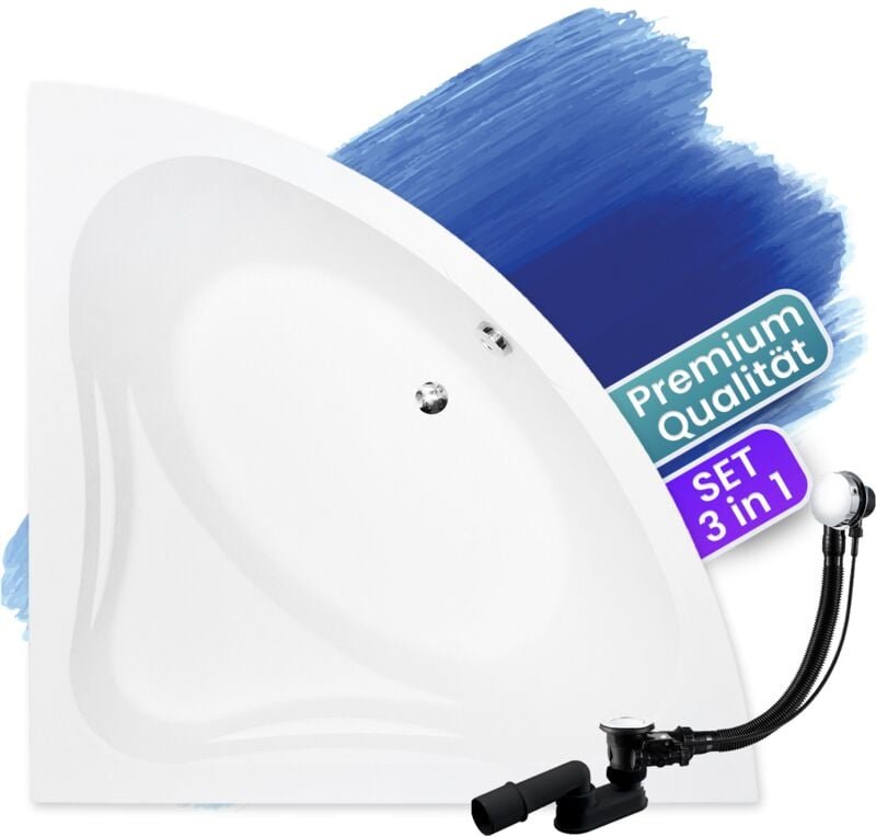 Badewanne Eckbadewanne 130x130, Ablaufgarnitur & Füßen GRATIS - Komplettset 3in1 Original Acryl Wanne Premium Siphon - M...