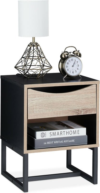 Nachttisch mit Schublade, HxBxT: 50x39x35 cm, Beistelltisch Wohn- & Schlafzimmer, Metall, Holzoptik/schwarz - Relaxdays