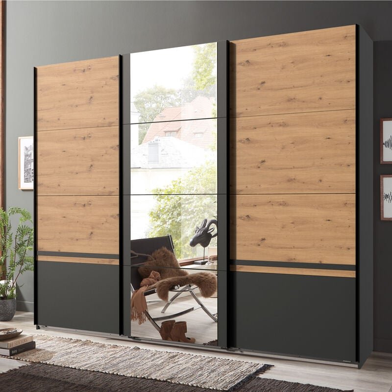 Schlafzimmer Schwebetürenschrank mit Spiegel in graphit mit Artisan Eiche Nb. GRANADA-43, b/h/t ca. 270/210/64 cm
