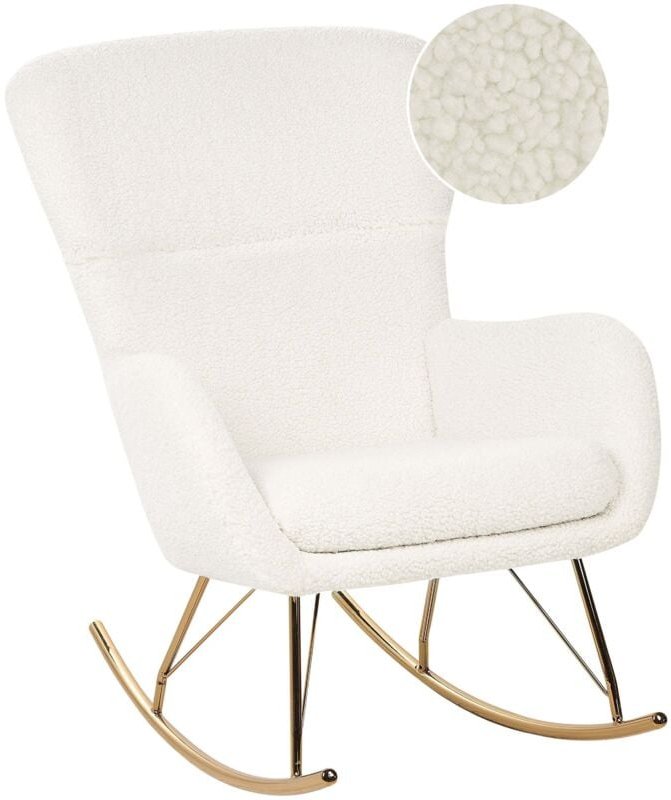 Schaukelsessel Weiß Bouclé Stoff mit Armlehnen Goldene Beine für Wohnzimmer Kinderzimmer Schlafzimmer Wohnbereich Modern...