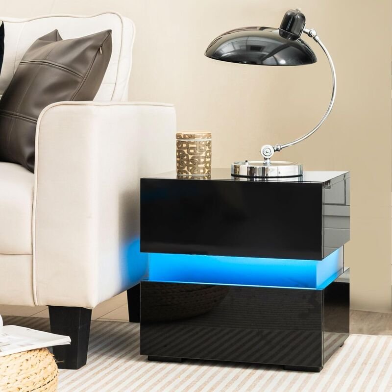 Table de Chevet led 2 Tiroir, Table de Nuit Lumineuse Télécommandée, 22 Modes, 5 Luminosités, 10 Vitesses, Panneaux Acry...