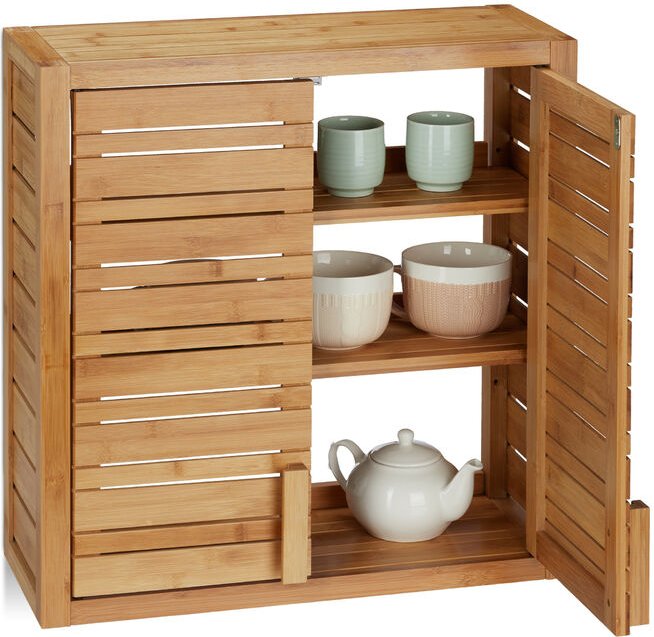 Wandschrank aus Bambus, 2 Türen, höhenverstellbare Einlegeböden, Quadrat Hängeschrank, hbt 56,5x56x21cm, natur - Relaxda...