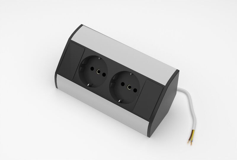 2-fach Steckdosenleiste für Ecken Schwarz/Silber Ideal zum Nachrüsten in Spiegelschränke und Badmöbel-Sets