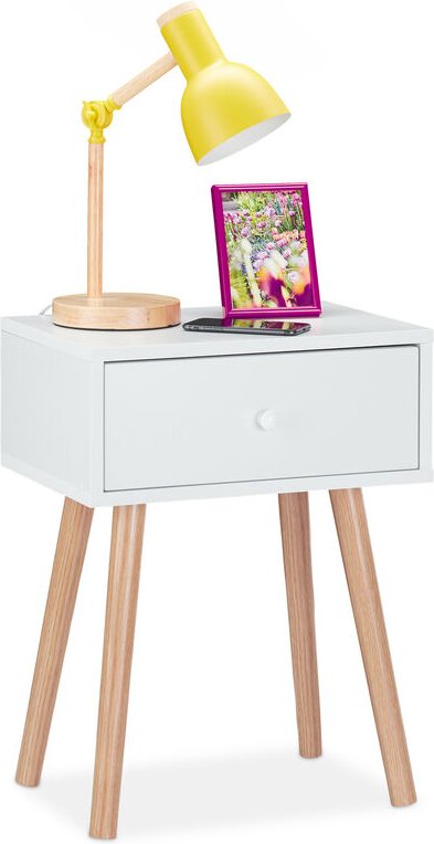 Relaxdays Nachttisch skandinavisch, Retro, Nachtschrank mit Schublade, HBT: 55x42x30cm, Beistelltisch Schlafzimmer, weiß