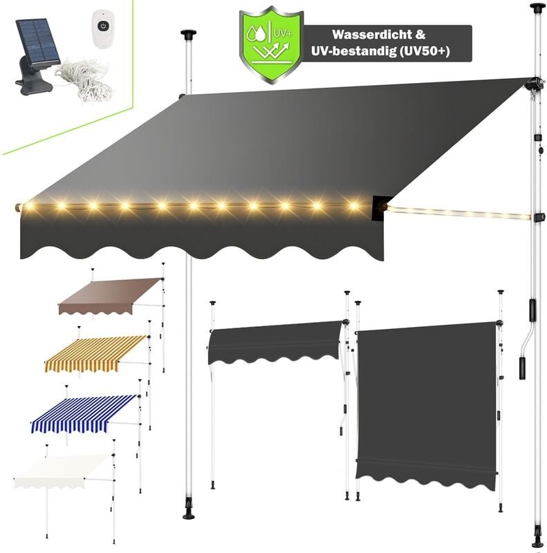 Klemmmarkise Sonnenschutz Markise 150-400cm led Balkon Terasse Fenstermarkise Ausziehbar Windschutz