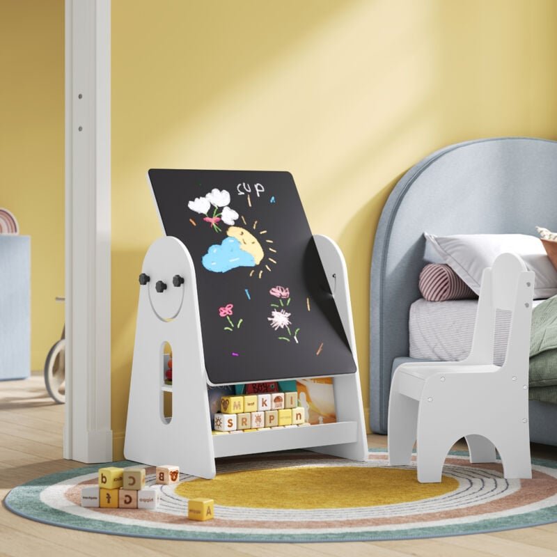 Woltu - Kindertisch mit 2 Stühlen, Kindersitzgruppe, Kindertisch mit Stauraum Tafel, zur Staffelei umbaubar, Maltisch , ...