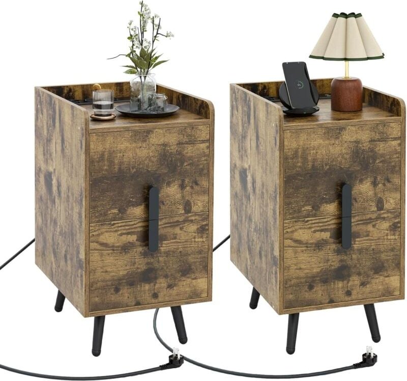 2er Set Nachttisch mit Ladestation, schmaler Nachtschrank mit 2 Schubladen & USB-Anschlüssen, Beistelltisch mit Metallbe...