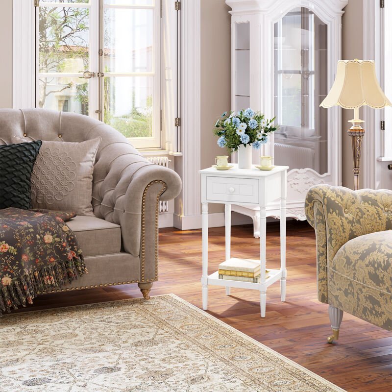 1x Nachttisch Beistelltisch Schmal, Nachtschrank mit Schublade offener Ablage, Sofatisch für Schlafzimmer Wohnzimmer, Be...