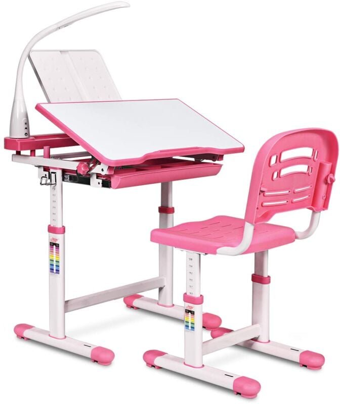 Kinderschreibtisch mit Stuhl & Lampe, höhenverstellbar, neigungsverstellbar, mit Schublade, Schuelerschreibtisch Rosa - ...