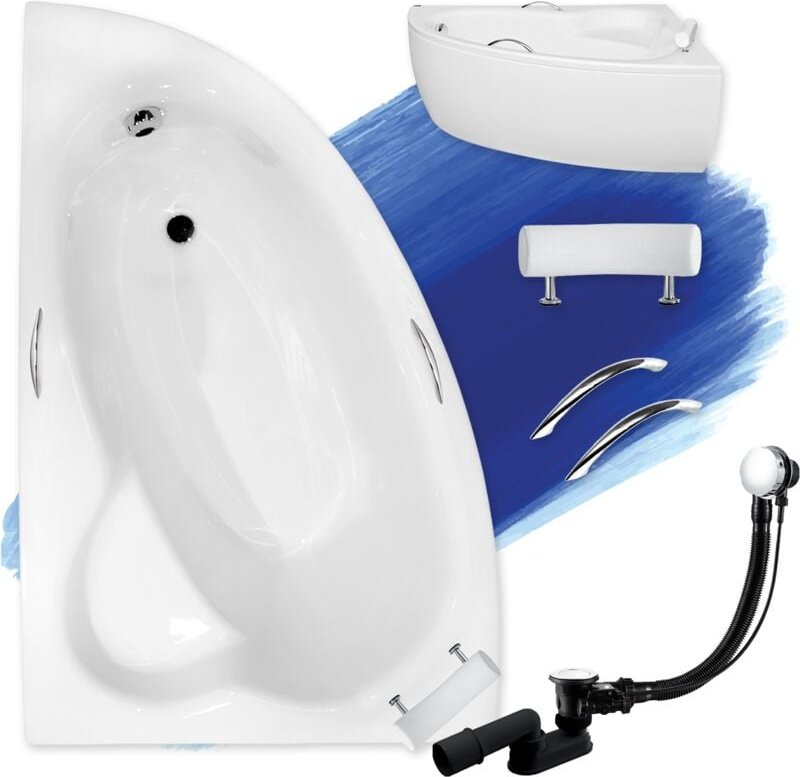 Badland - Badewanne Eckbadewanne 150x100 Links mit AcrylSchürze + Handgriffen + Kopfstütze, Ablauf & Füße gratis, set 6i...