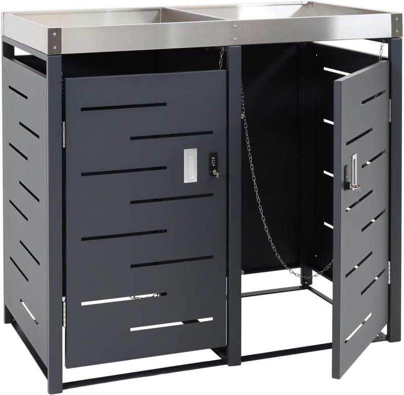 2er-Mülltonnenverkleidung HHG 044b, Mülltonnenbox, Pflanzkasten Edelstahl-Metall-Kombi 39kg 110x115x62cm erweiterbar