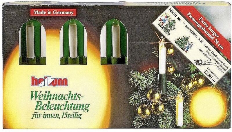 Hellum - Lichterkette Schaftkerze 15 Kerzen klar für innen Schaft/Kabel grün 12,8m elfenbein