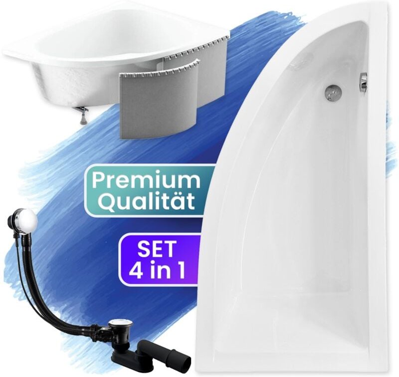 Badland - Badewanne Eckbadewanne 150x70 Rechts mit Styroporverkleidung, Ablauf & Füße gratis - Komplettset 4in1 Original...