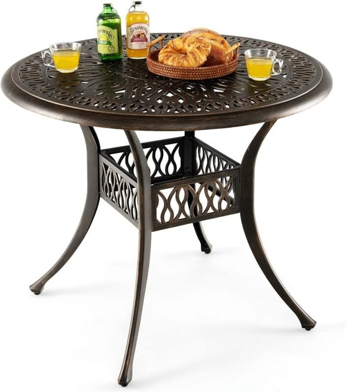 Gartentisch mit Schirmloch, runder Balkontisch aus Aluminiumguss, wetterfester Terrassentisch für Garten, antike Optik, ...