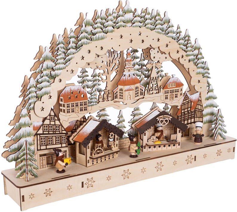 Thumbnail - Led Holz Schwibbogen 44 x 30 cm - Motiv: Wintermarkt - Lichterbogen mit Weihnachtsmotiv - Weihnachtsdeko Tischdeko Fenst...