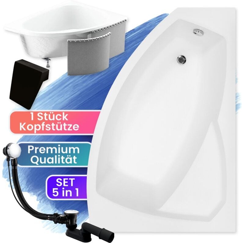 Badland - Badewanne Eckbadewanne 130x85 Rechts mit Styropor + Kopfstütze, Ablaufgarnitur & Füßen gratis - Komplettset 5i...