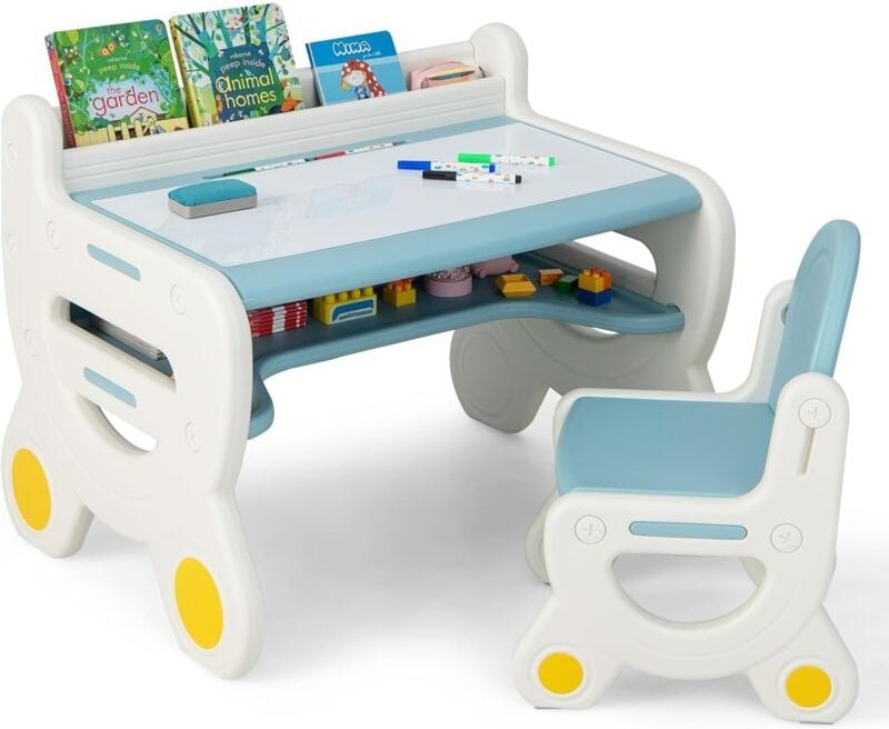 Costway - Kinder Sitzgruppe mit höhen- und neigungsverstellbarer Tischplatte, Kinder Tisch mit Hocker, zum Zeichen, Lern...