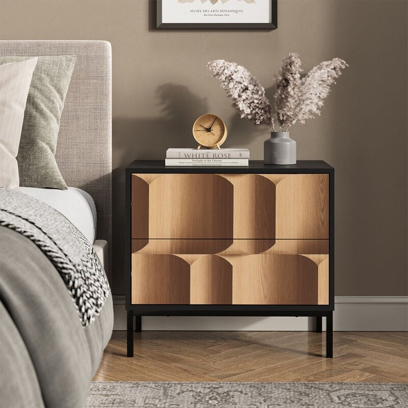 Vicco - Nachttisch Eliza, Schwarz/Eiche, 66 x 60 cm mit 2 Schubladen