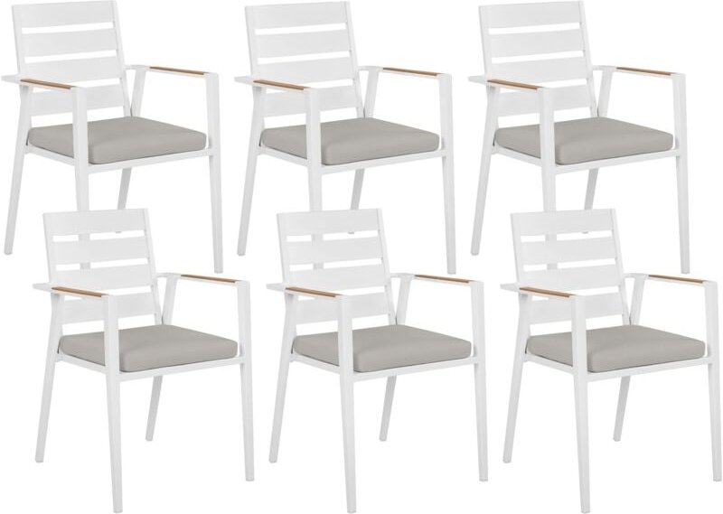 Gartenstuhl 6er Set Weiß Aluminium mit Sitzkissen Grau Stoff Armlehnen Holzoptik Stapelbar Modern Outdoor Indoor Terrass...