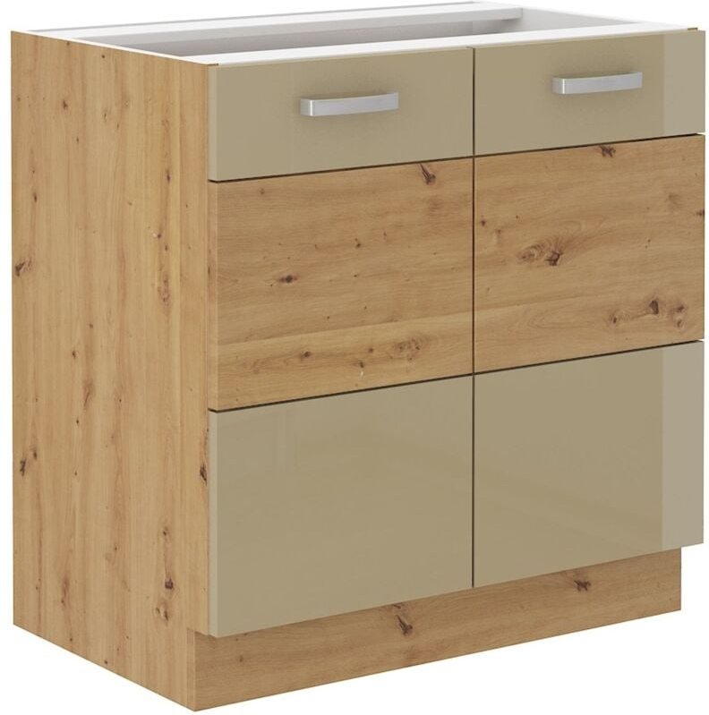 Küchen Preisbombe - Unterschrank 80 cm Eiche Artisan + Cappuccino Hochglanz Küchenzeile Küchenblock