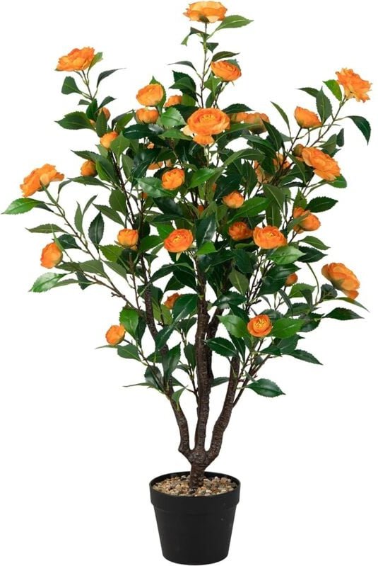 100cm Kunstbaum mit Blüten und Topf, Künstlicher Kamelienbaum mit 37 Blüten und natürlicher Stamm, Kunstpflanze, Kamelie...