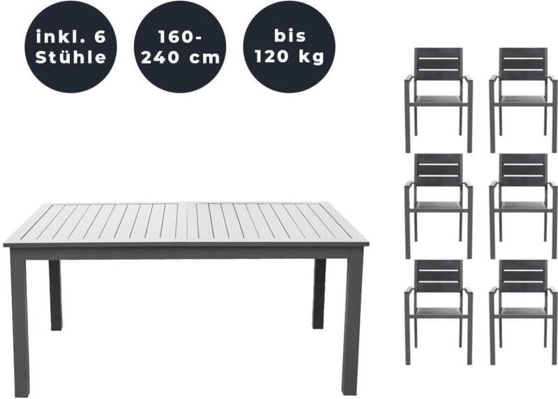 Garten-Sitzgruppe ausziehbar casa madera - 160/240 x 100 cm 6 Stühle Menge 7 tlg. Lounge Gartenmöbel Gartenmöbel Kunstst...