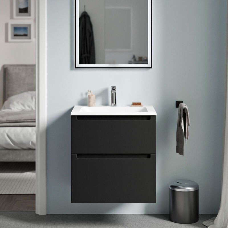 Unterschrank Bernstein vireo 60cm mit Mineralguss Waschbecken cream Badmöbel: Schwarz matt, Waschbecken: Weiß matt mit H...