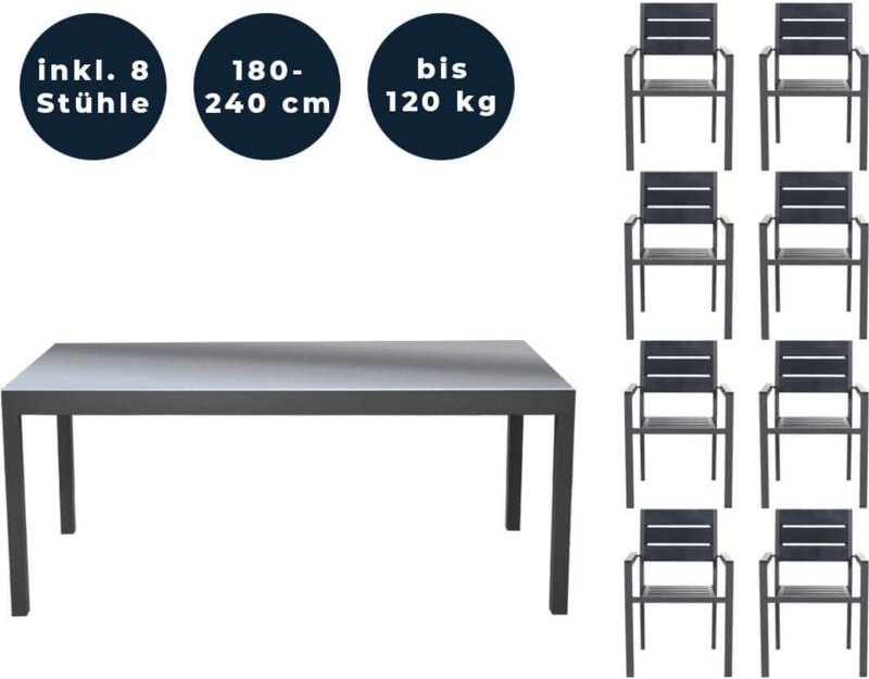 Garten-Sitzgruppe ausziehbar sol madera - 180/240 x 100 cm Ausstattung: inkl. 8 Stühle Gartentisch Gartenstuhl Gartenmöb...