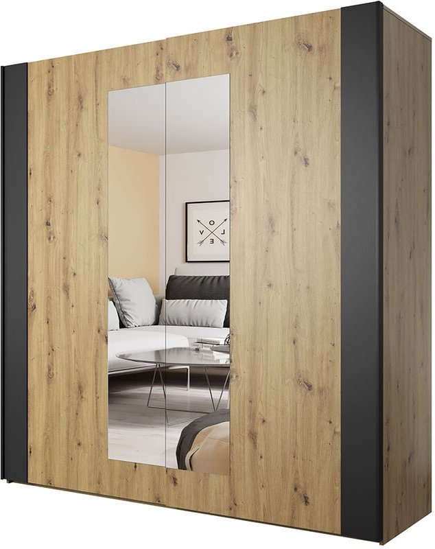 Kleiderschrank mit Schwebetüren SOLMS-83 in Artisan Eiche Nb. mit schwarz, B/H/T: ca. 200/213/64 cm