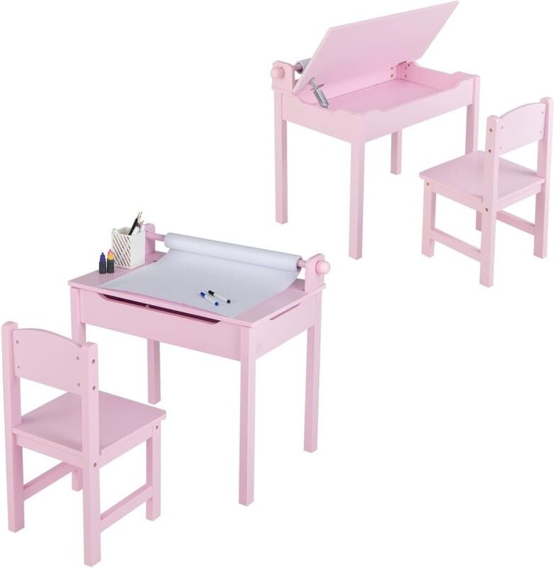 Costway - Kinderschreibtisch mit Stuhl, Kindertisch-Set mit klappbarer Tischplatte, Papierrollenhalter, Schülerschreibti...