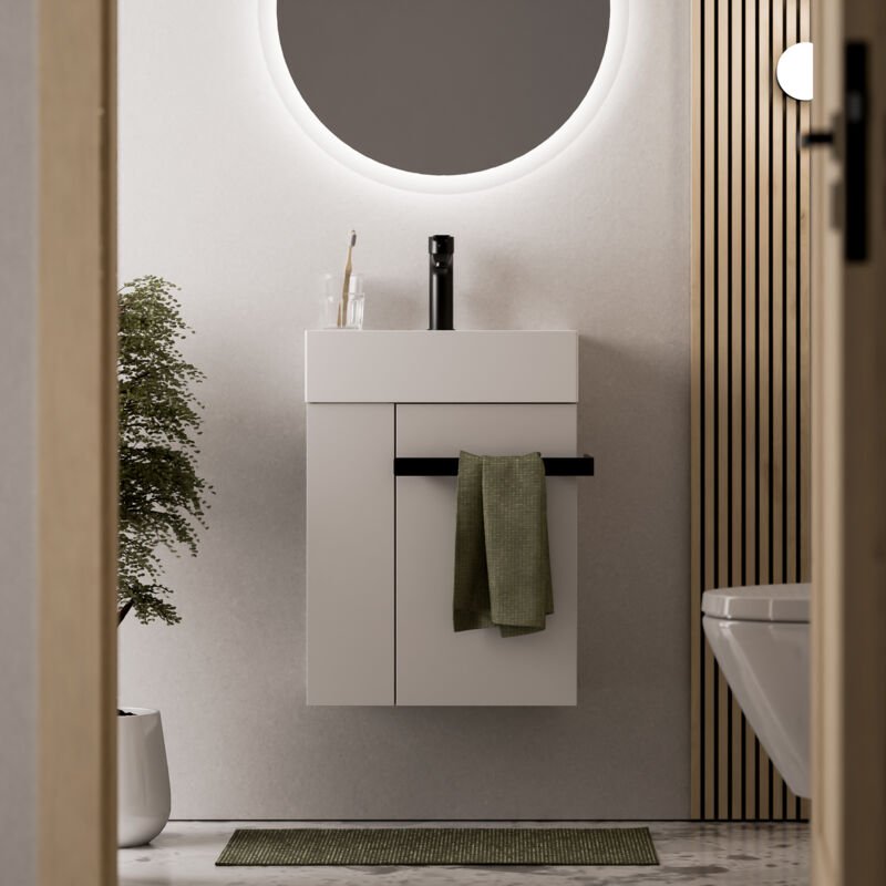 Waschtischunterschrank Gäste-WC Bernstein compact 450 mit Waschbecken 45 cm Regal links Badmöbel: Weiß matt, Metallgriff...