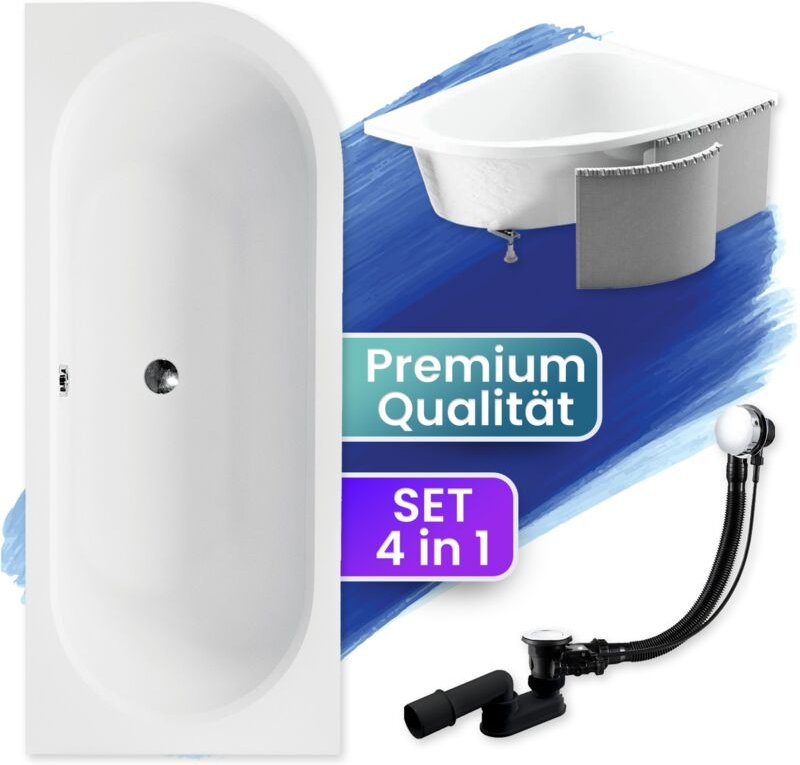 Badewanne Eckbadewanne 160x75 Links mit Styroporverkleidung, Ablauf & Füße GRATIS - Komplettset 4in1 Original Acryl Wann...