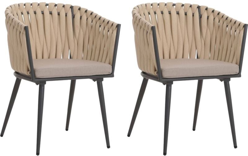 2er-Set Aluminium-Gartenstuhl HHG 418, Outdoor Stuhl Armlehne, Olefin Seilgeflecht Rope creme Kissen hellbraun