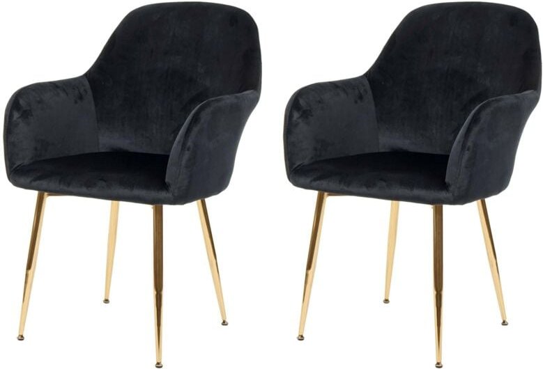 HHG - 2er-Set Esszimmerstuhl 240, Stuhl Küchenstuhl, Retro Design Samt schwarz, goldene Beine