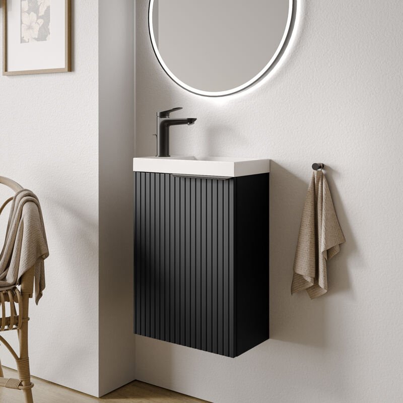 Waschtischunterschrank Bernstein tim 40 cm mit Waschbecken Badmöbel: Schwarz matt profiliert, Metallgriff: Schwarz matt