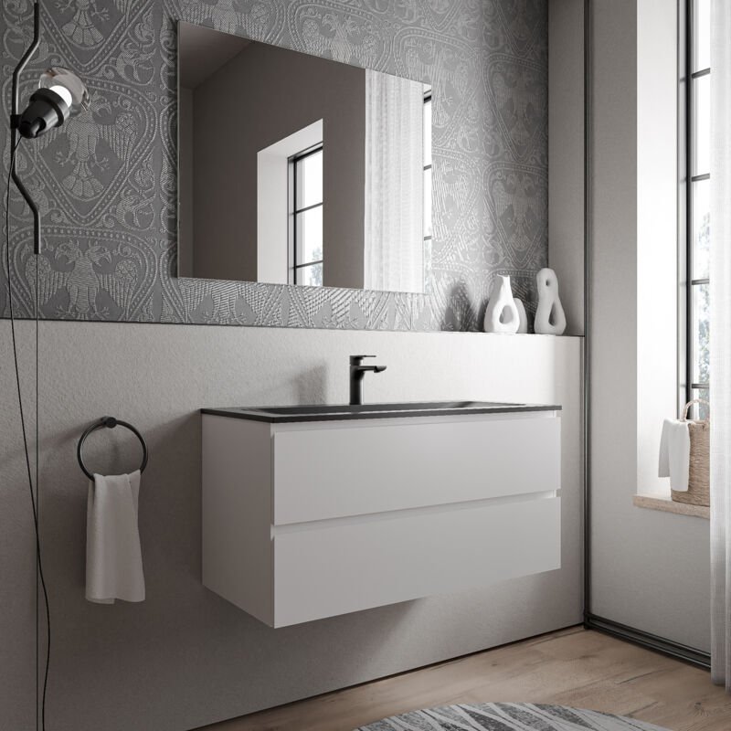 Unterschrank Bernstein AVA 100 cm mit Mineralguss Waschbecken CREAM - Badmöbelfarbe Weiß matt, Waschbecken Schwarz matt ...